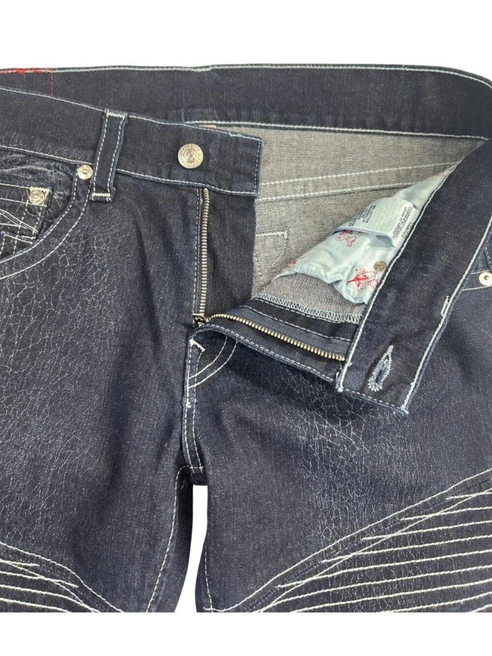 True Religion Moto Skinny Jeans Men's 34x28 Dark Wash Run Stitch Cracked Texture